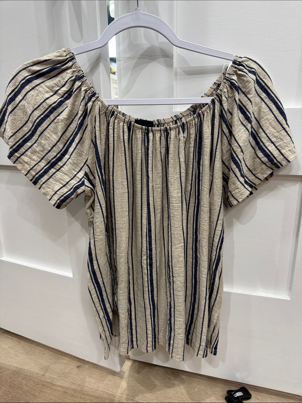 W5 Beige and Navy Striped Off-Shoulder Tunic